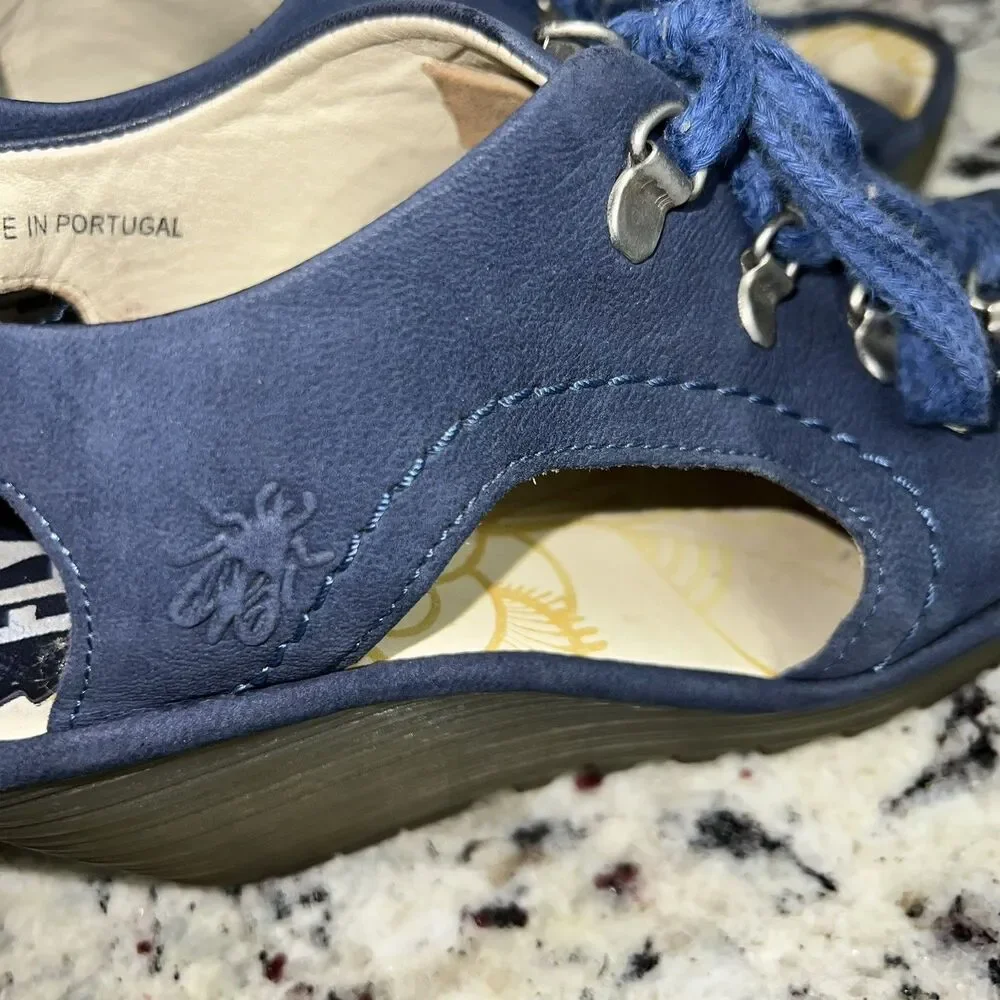 FLY LONDON Ylva Blue Suede Lace-Up Peeptoe Wedge Sandals Size 6.5 US 37 EU